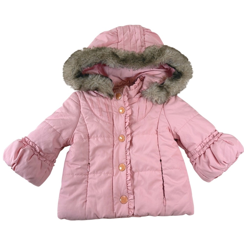 Juicy Couture Infant Pink Puffer Jacket Faux Fur Hood Coat Size 6–12 Months Cute